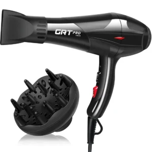 GRT PRO professional ionic hair dryer with AC motor, blue light anion technology, diffuser, and nozzles for fast drying and salon-quality styling with overheating protection.