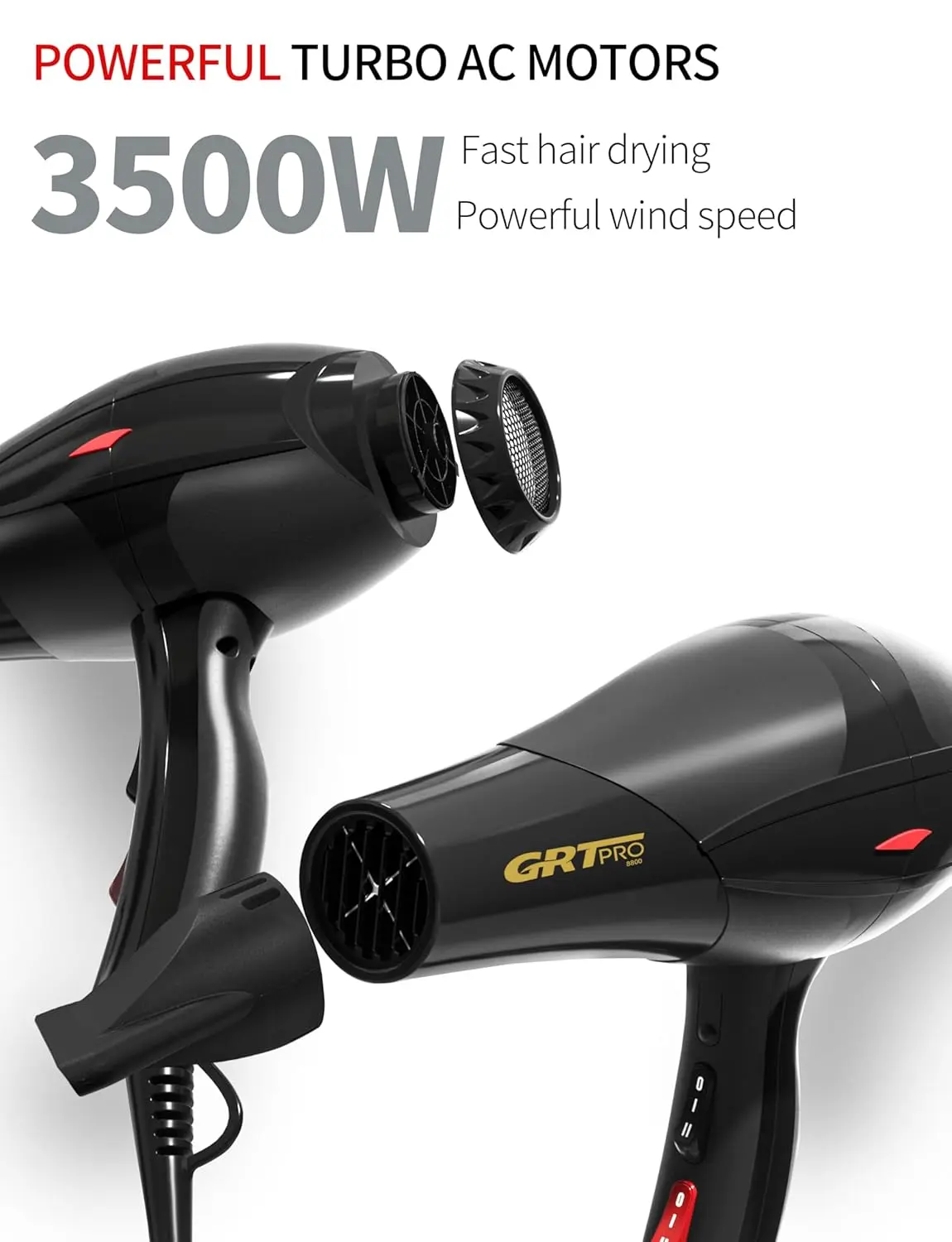 GRT PRO professional ionic hair dryer with AC motor, blue light anion technology, diffuser, and nozzles for fast drying and salon-quality styling with overheating protection.
