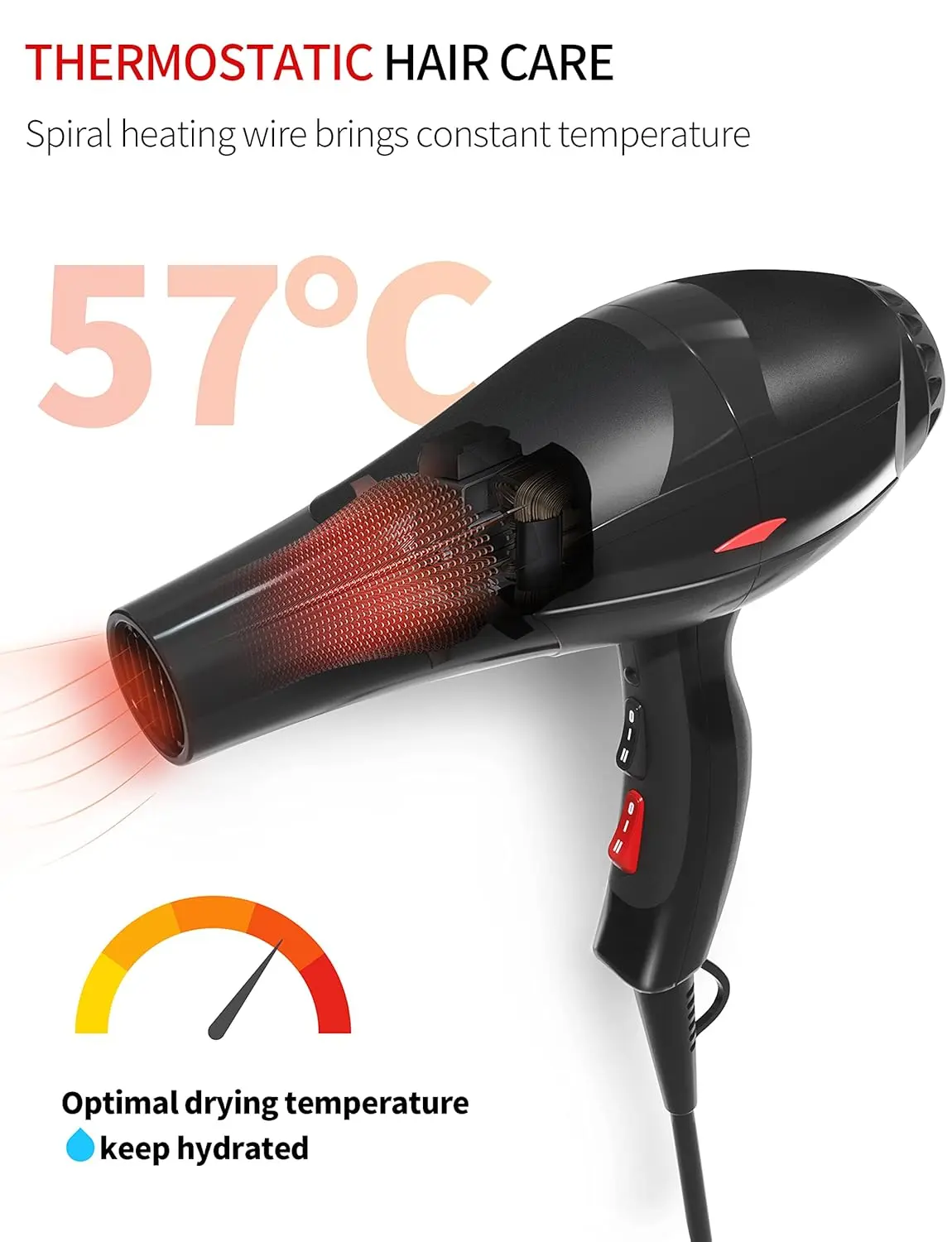 GRT PRO professional ionic hair dryer with AC motor, blue light anion technology, diffuser, and nozzles for fast drying and salon-quality styling with overheating protection.