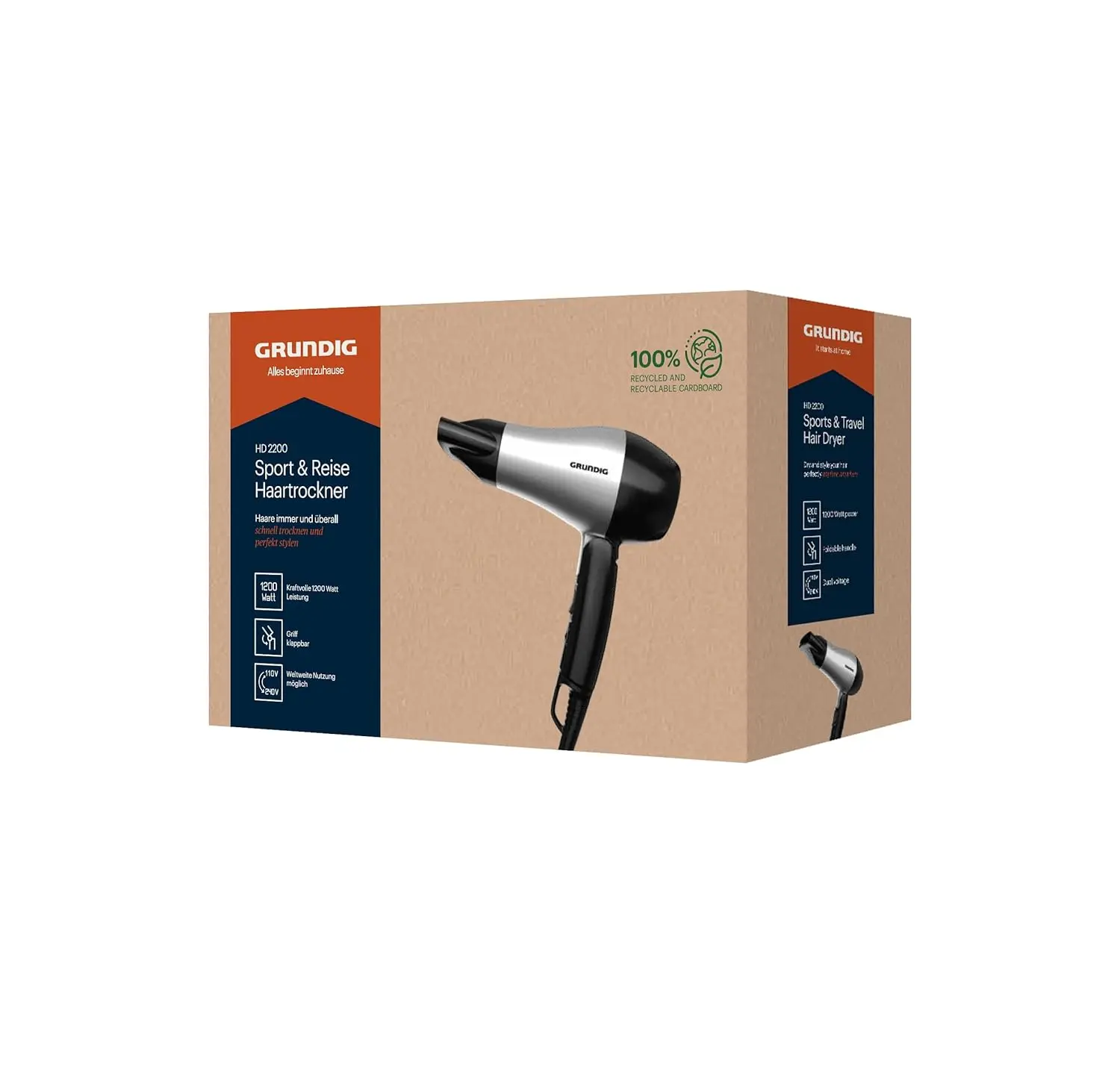 This durable and easy to use GRUNDIG hair dryer HD 2200 offers great value for money and a stylish design.
