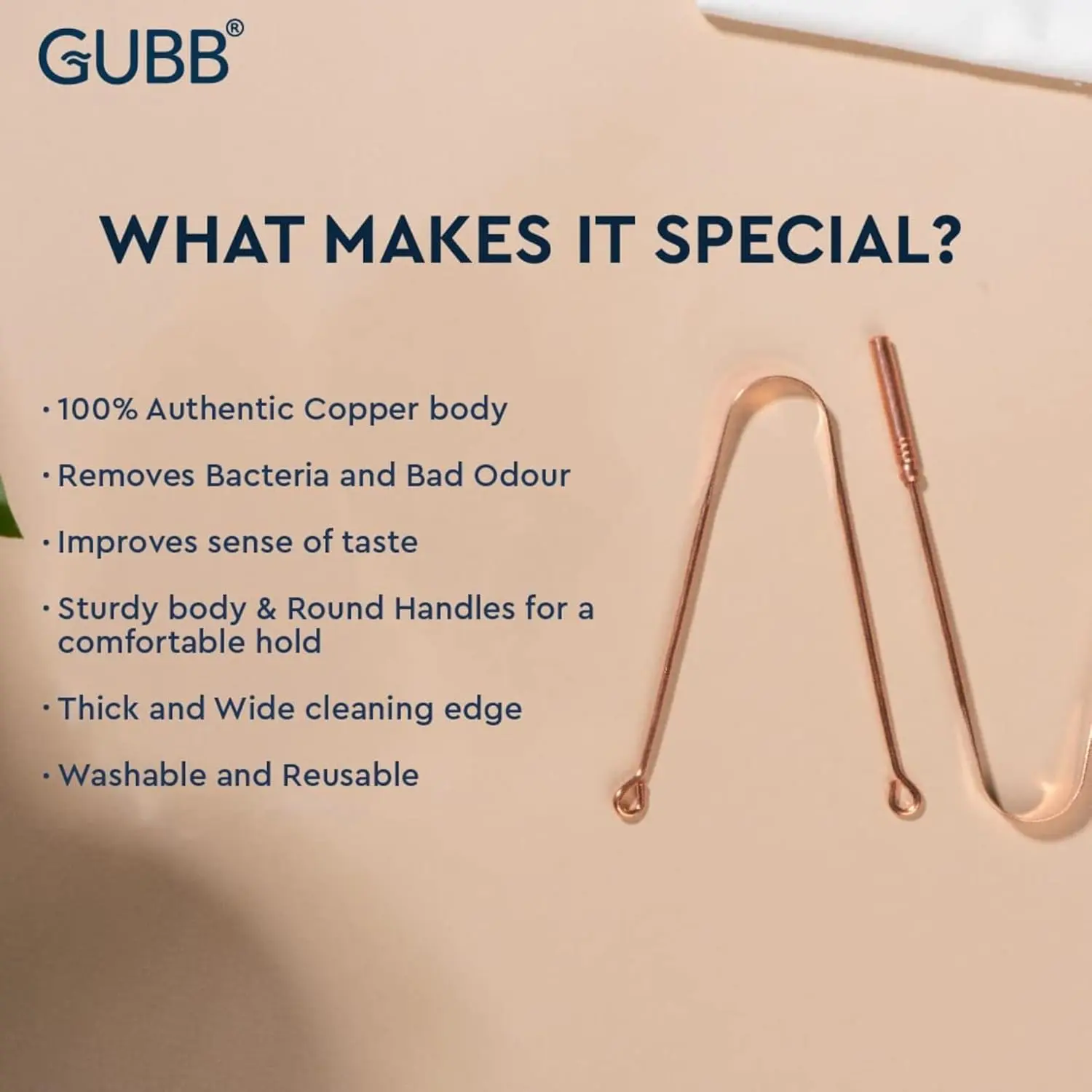 The GUBB copper tongue cleaner effectively removes bacteria and toxins, reducing bad breath and promoting better oral hygiene for a healthier mouth.