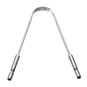 A U-shaped stainless steel GUBB tongue cleaner, designed for kids and adults to remove bad breath and improve oral hygiene.
