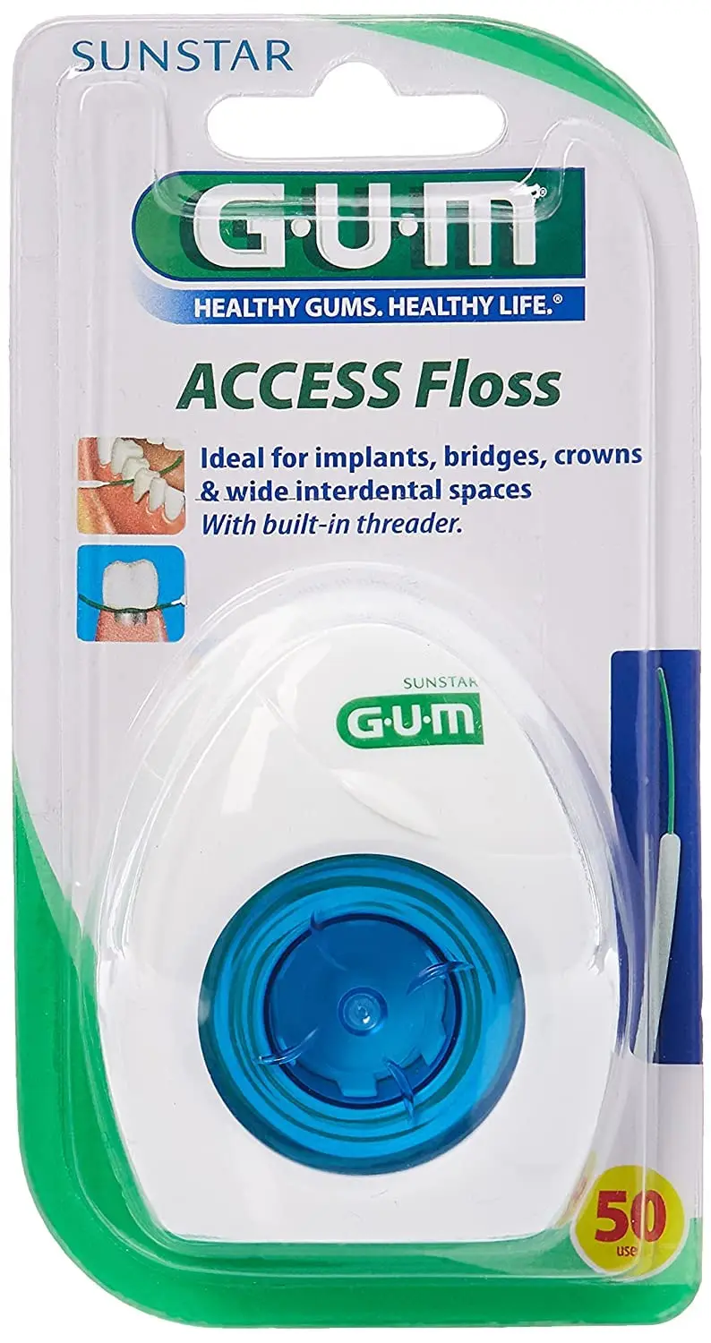 Gum Access Floss with a built-in threader for cleaning implants, bridges, crowns, and wide interdental spaces, featuring an extra-thick spongy brush for plaque removal.