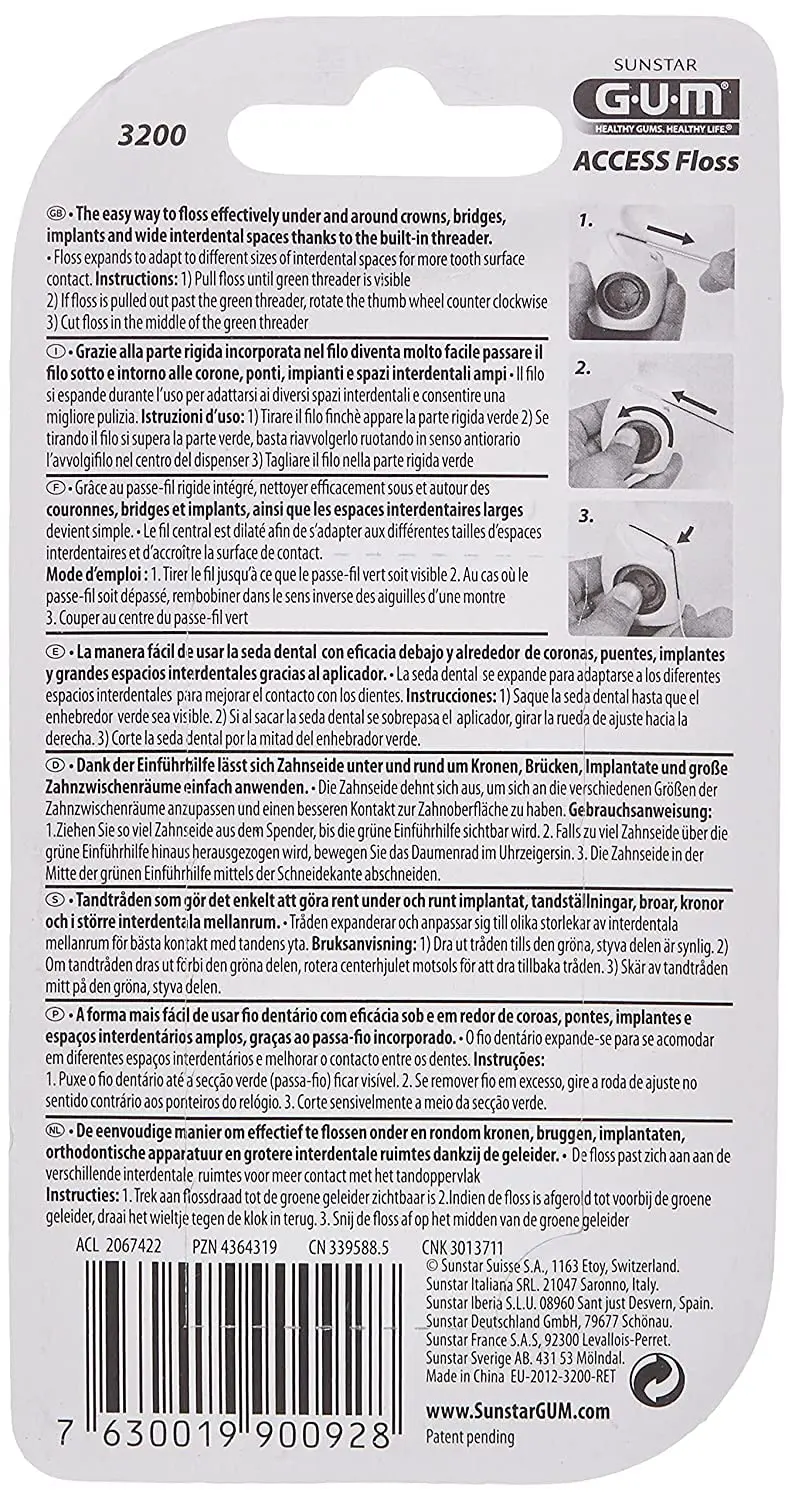 Gum Access Floss with a built-in threader for cleaning implants, bridges, crowns, and wide interdental spaces, featuring an extra-thick spongy brush for plaque removal.