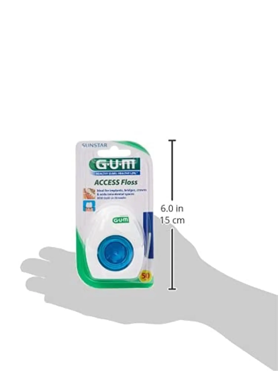 Gum Access Floss with a built-in threader for cleaning implants, bridges, crowns, and wide interdental spaces, featuring an extra-thick spongy brush for plaque removal.