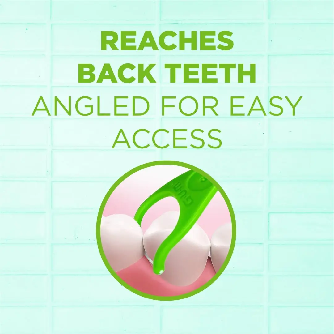 This pack contains 75 GUM angled flossers with fresh mint flavor, designed to easily reach back teeth for effective plaque removal and improved gum health.