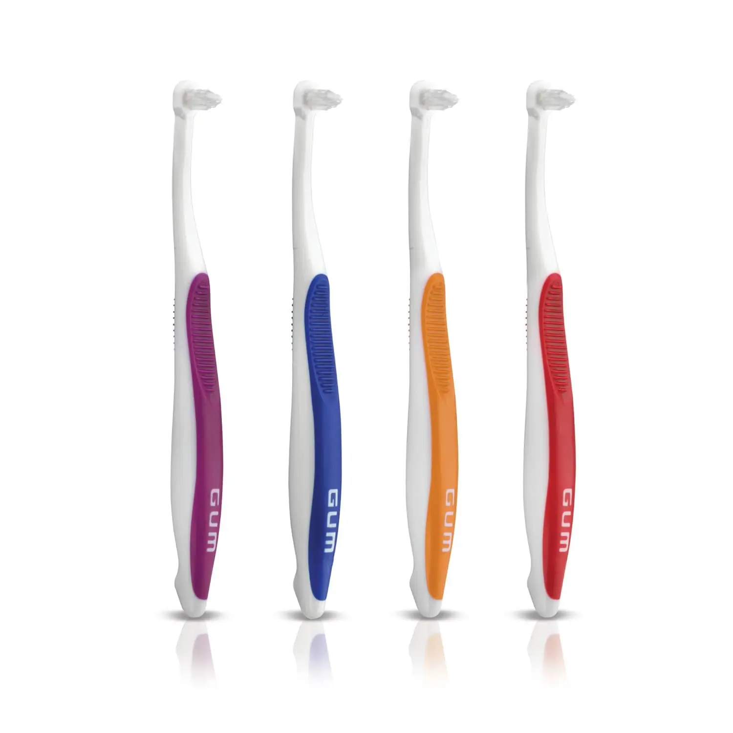 A single GUM end tuft toothbrush with an extra small head and soft bristles for cleaning hard-to-reach areas like wisdom teeth and implants.