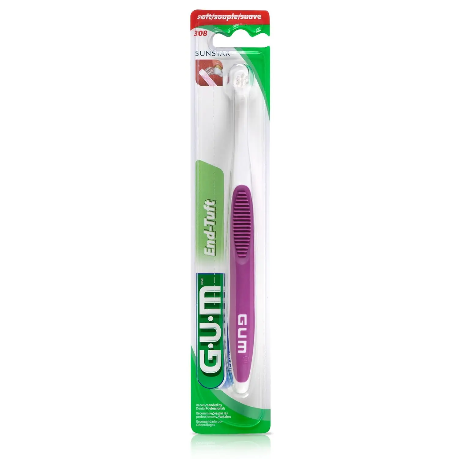 A single GUM end tuft toothbrush with an extra small head and soft bristles for cleaning hard-to-reach areas like wisdom teeth and implants.