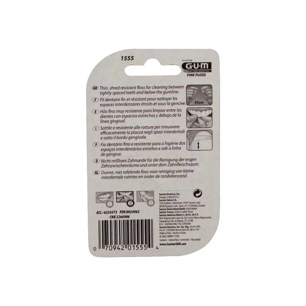 Gum Fine Floss is waxed and extra thin for comfortable flossing in tight spaces, helping to remove plaque from between teeth and under the gumline.