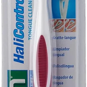 This Gum Hali Control tongue cleaner features a brush and scraper to effectively remove bacteria and fight bad breath, with an ergonomic design for easy handling.