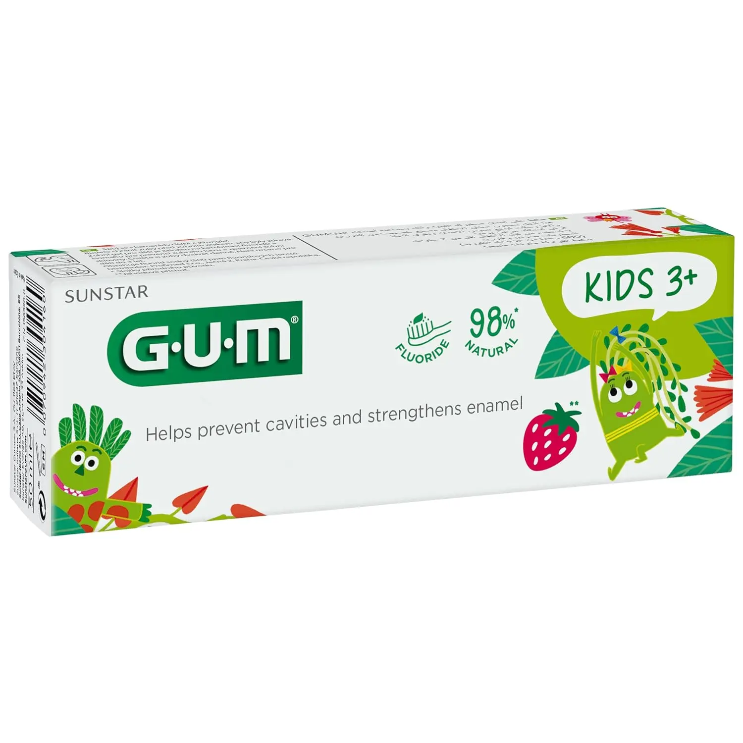 GUM Kids strawberry flavored toothpaste for children aged 3 and up, featuring fluoride and isomalt for maximum cavity protection and enamel strengthening.