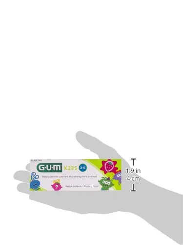 GUM Kids strawberry flavored toothpaste for children aged 3 and up, featuring fluoride and isomalt for maximum cavity protection and enamel strengthening.