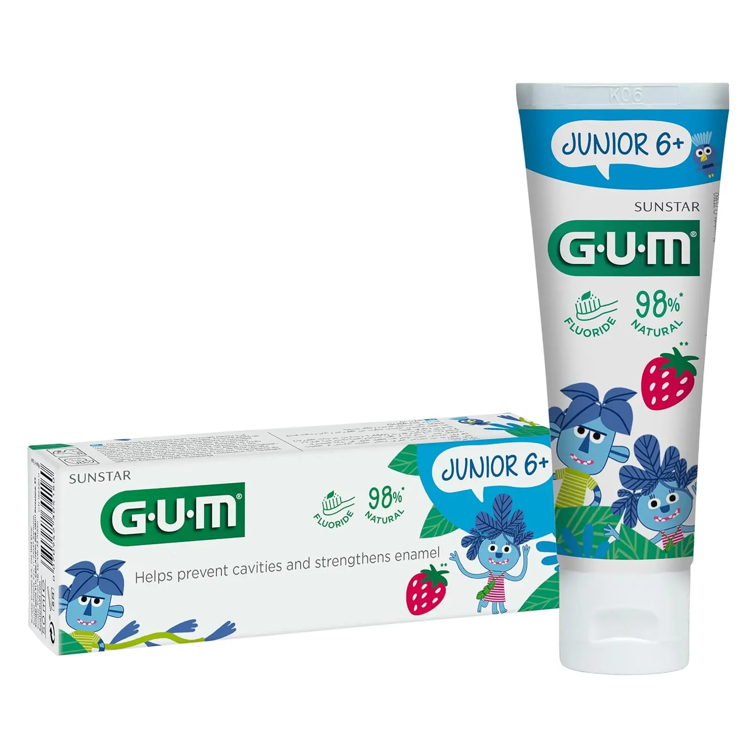 GUM Kids strawberry flavored toothpaste for children aged 3 and up, featuring fluoride and isomalt for maximum cavity protection and enamel strengthening.