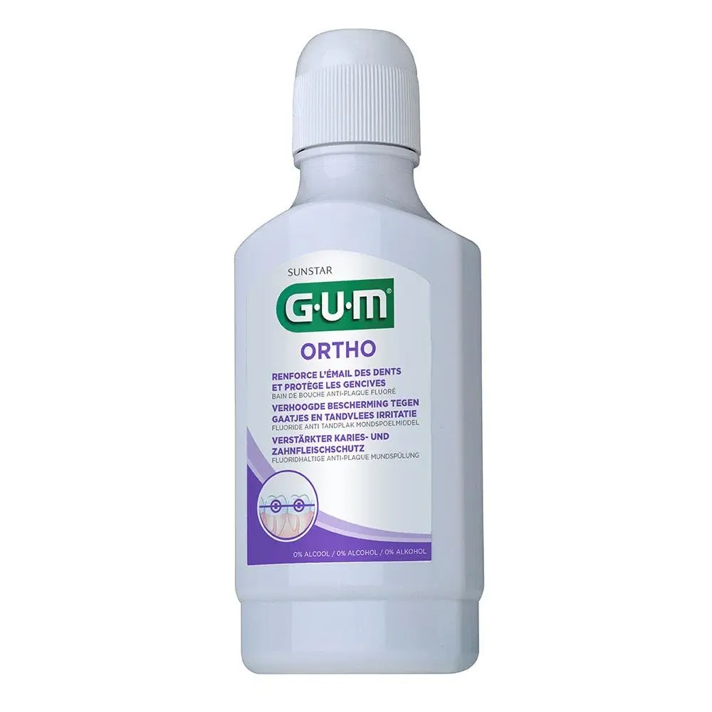 Gum Ortho mouthwash protects teeth and gums during orthodontic treatment with enamel remineralization and gentle spearmint flavor.