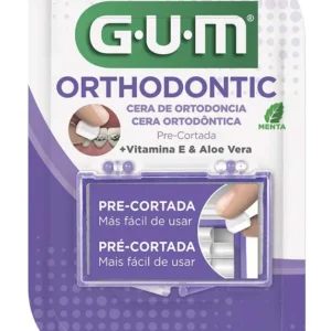 Clear mint flavored orthodontic wax with Vitamin E and Aloe Vera to protect gums, lips, and cheeks from painful irritation caused by braces, with pre-cut pieces and a mirror for easy application.