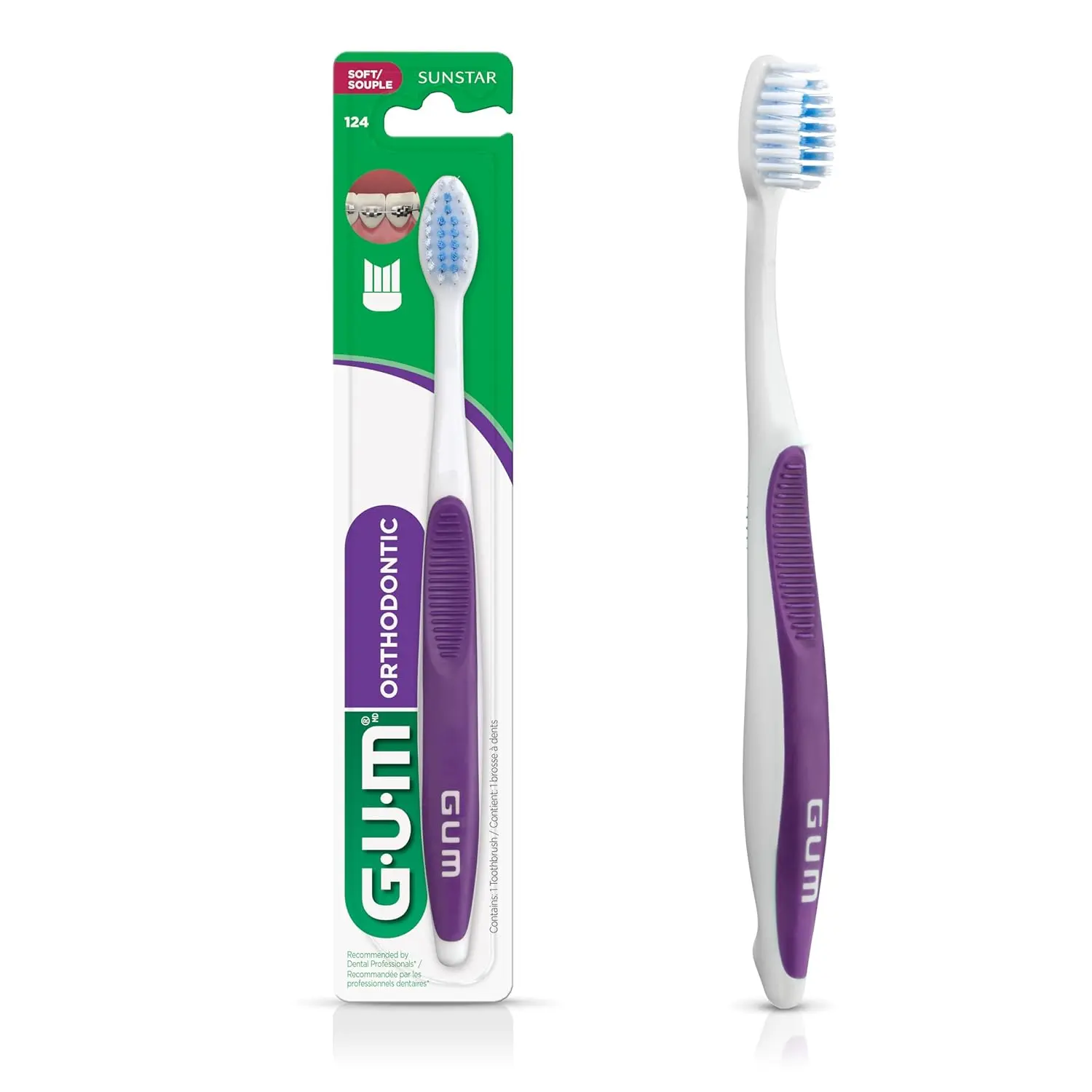 This Gum orthodontic toothbrush with a V-shaped bristle design and small head effectively cleans around braces wires and brackets, promoting healthy teeth and gums.