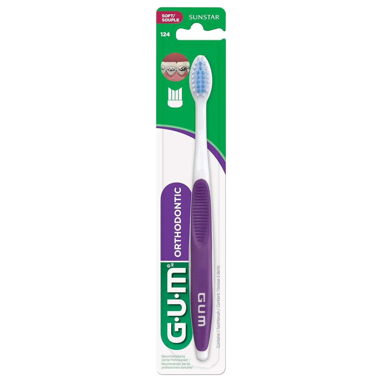 This Gum orthodontic toothbrush with a V-shaped bristle design and small head effectively cleans around braces wires and brackets, promoting healthy teeth and gums.