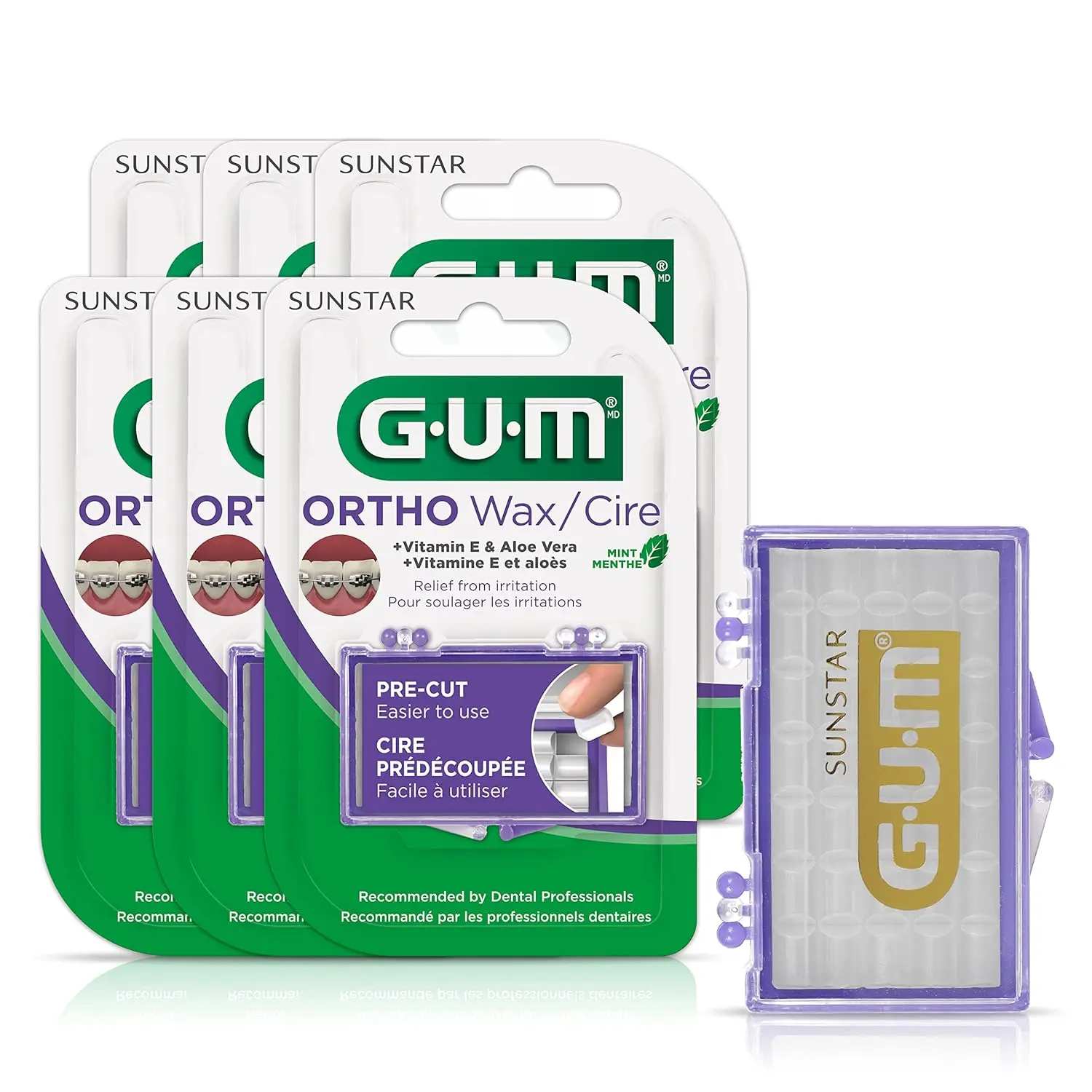 Six pack of GUM orthodontic wax with mint flavor, vitamin E and aloe vera for professional healthcare use.