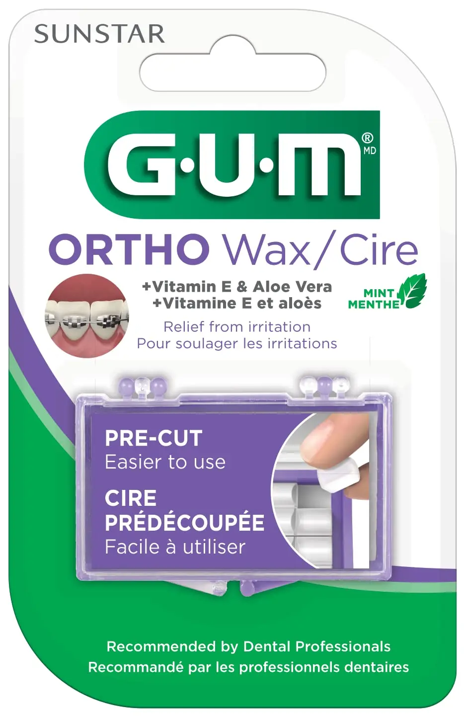 Six pack of GUM orthodontic wax with mint flavor, vitamin E and aloe vera for professional healthcare use.