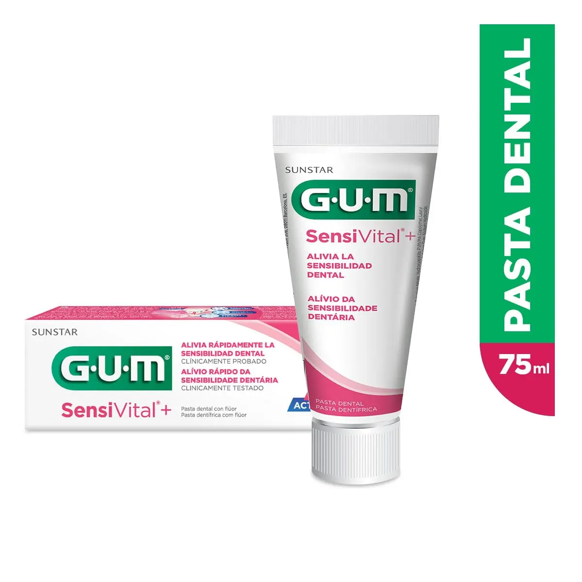 A tube of GUM Sensi Vital+ Dual Action Toothpaste with Fluoride, 75 ml, made in Italy.