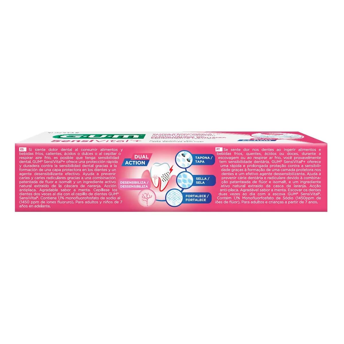 A tube of GUM Sensi Vital+ Dual Action Toothpaste with Fluoride, 75 ml, made in Italy.