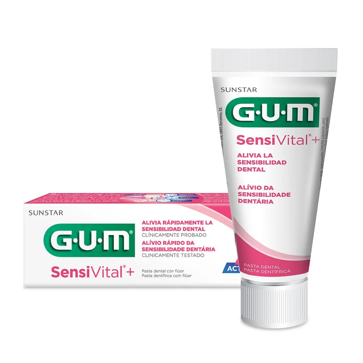 A tube of GUM Sensi Vital+ Dual Action Toothpaste with Fluoride, 75 ml, made in Italy.