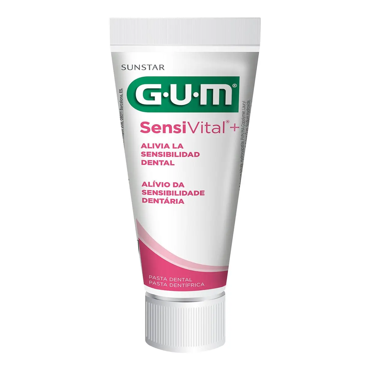 A tube of GUM Sensi Vital+ Dual Action Toothpaste with Fluoride, 75 ml, made in Italy.