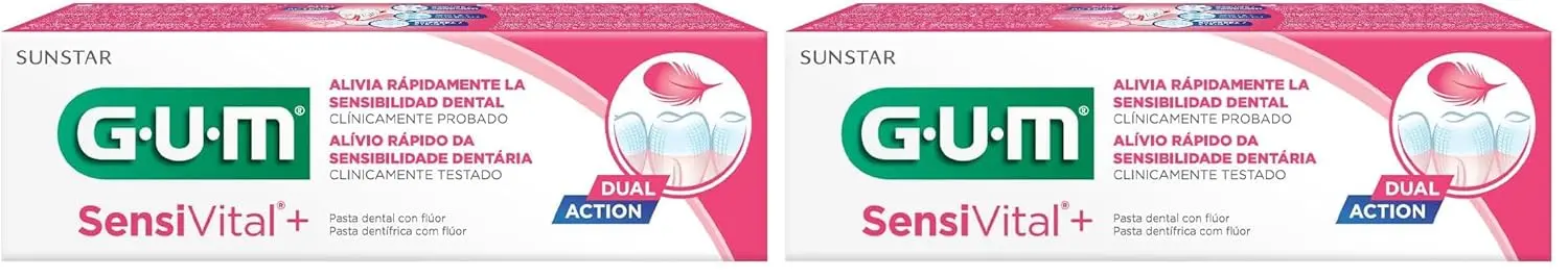 A tube of GUM Sensi Vital+ Dual Action Toothpaste with Fluoride, 75 ml, made in Italy.