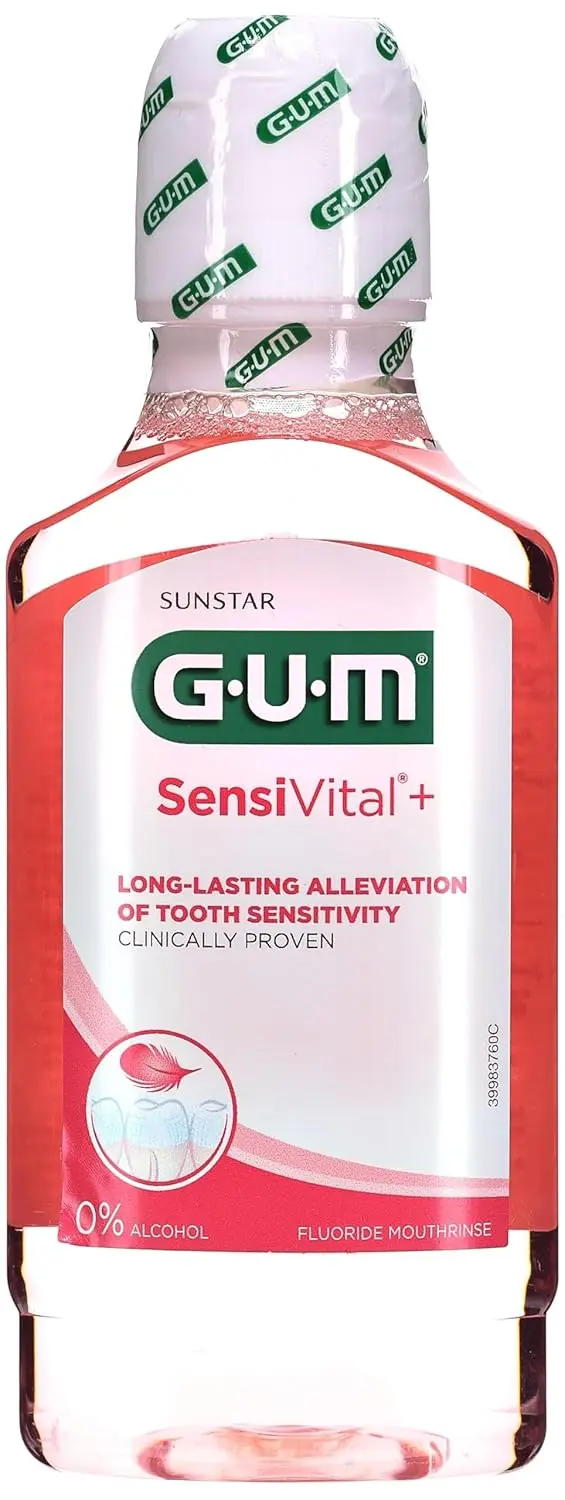 Alcohol-free GUM SensiVital+ mouthwash with peppermint flavor provides fast and long-lasting sensitivity relief, strengthens enamel, and protects against cavities.