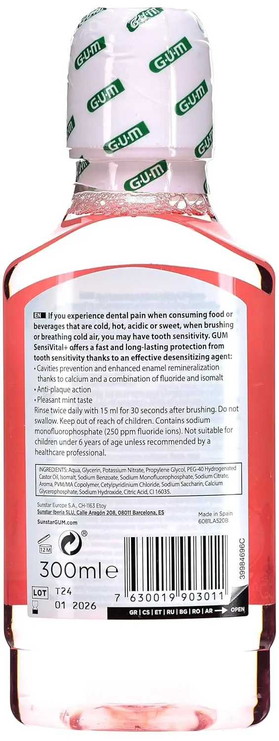 Alcohol-free GUM SensiVital+ mouthwash with peppermint flavor provides fast and long-lasting sensitivity relief, strengthens enamel, and protects against cavities.