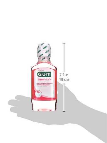 Alcohol-free GUM SensiVital+ mouthwash with peppermint flavor provides fast and long-lasting sensitivity relief, strengthens enamel, and protects against cavities.