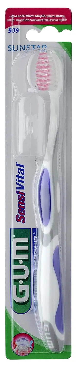 This Gum SensiVital toothbrush features ultra-soft bristles for gentle cleaning of sensitive teeth and gums, reaching deep between teeth for plaque removal.