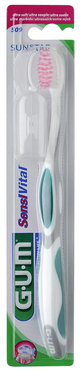 This Gum SensiVital toothbrush features ultra-soft bristles for gentle cleaning of sensitive teeth and gums, reaching deep between teeth for plaque removal.