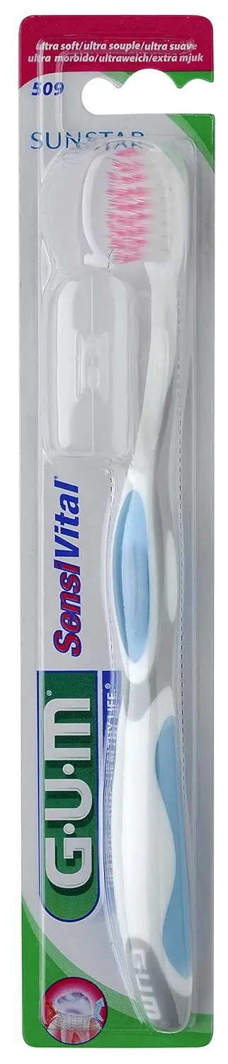 This Gum SensiVital toothbrush features ultra-soft bristles for gentle cleaning of sensitive teeth and gums, reaching deep between teeth for plaque removal.
