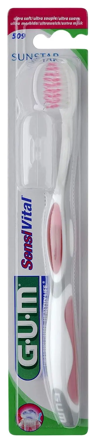 This Gum SensiVital toothbrush features ultra-soft bristles for gentle cleaning of sensitive teeth and gums, reaching deep between teeth for plaque removal.