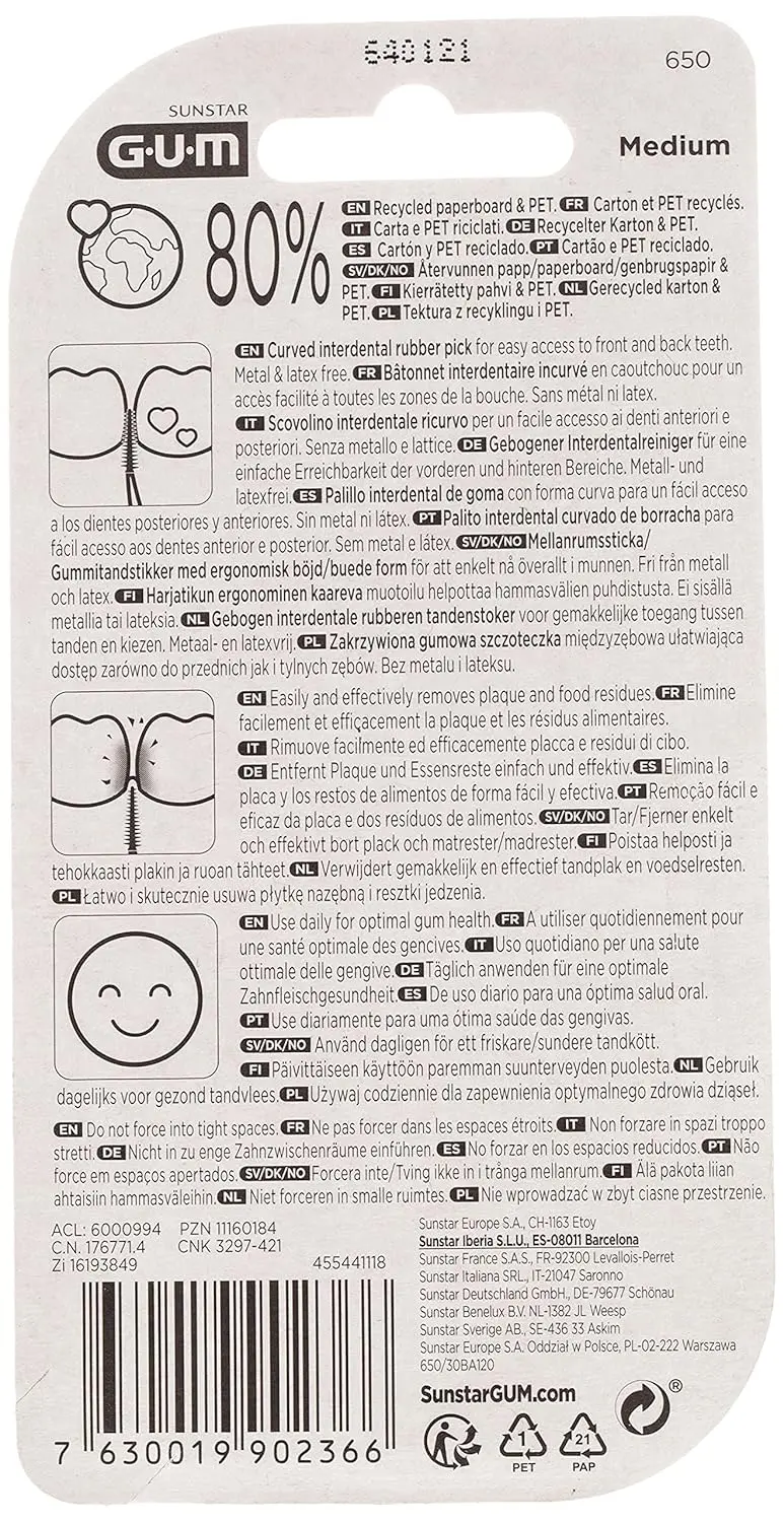 Gum Soft-Picks Advanced offer gentle and effective interdental cleaning with soft, flexible rubber bristles that remove plaque and food particles between teeth.