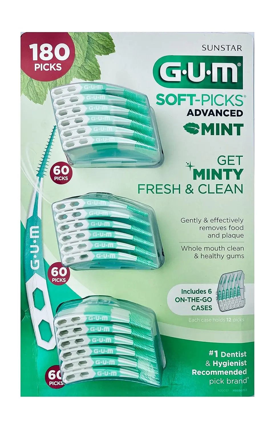 Image shows Sunstar GUM Soft-Picks Mint, disposable dental picks for cleaning between teeth, with a refreshing mint flavor and 180 picks included.