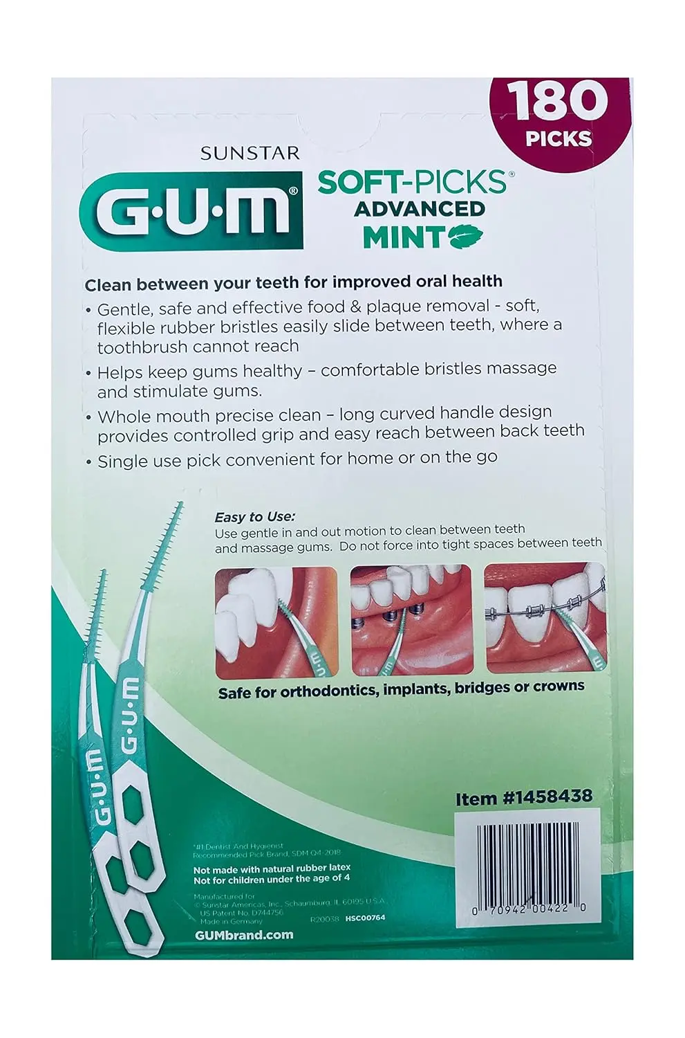 Image shows Sunstar GUM Soft-Picks Mint, disposable dental picks for cleaning between teeth, with a refreshing mint flavor and 180 picks included.