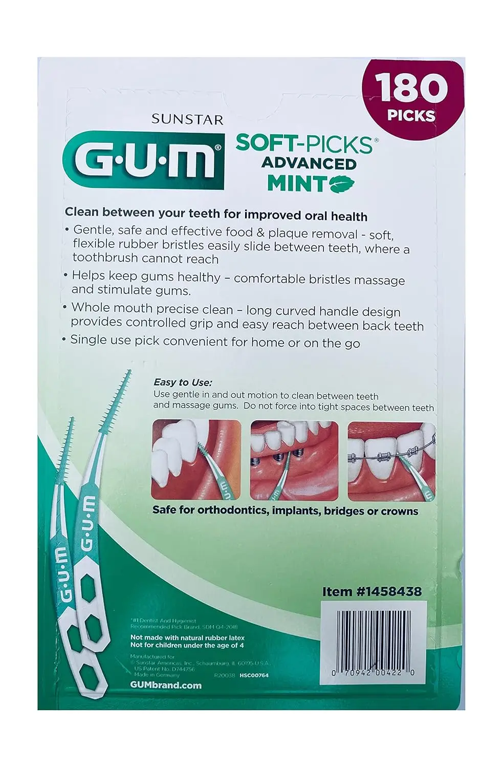 Image shows Sunstar GUM Soft-Picks Mint, disposable dental picks for cleaning between teeth, with a refreshing mint flavor and 180 picks included.