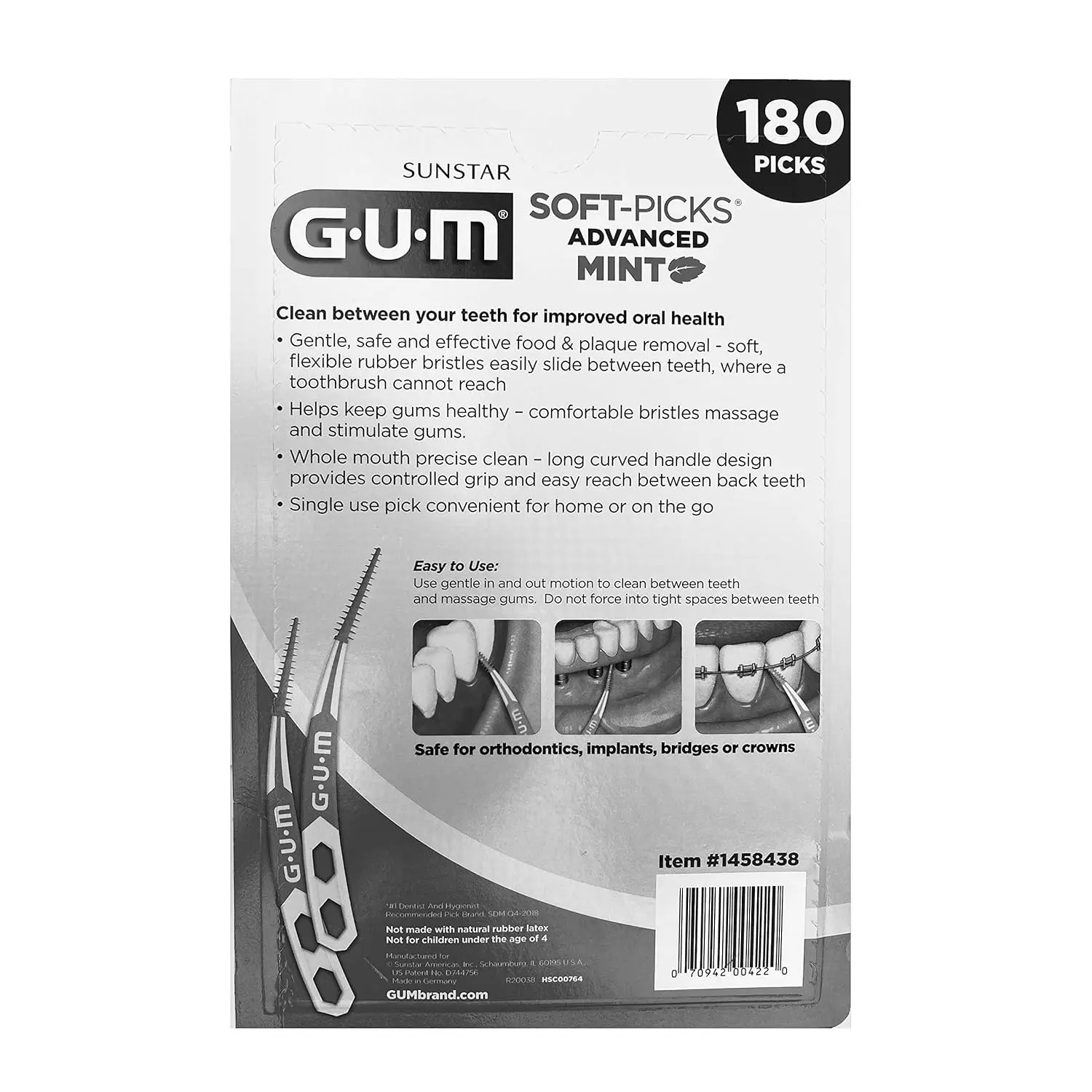 Image shows Sunstar GUM Soft-Picks Mint, disposable dental picks for cleaning between teeth, with a refreshing mint flavor and 180 picks included.