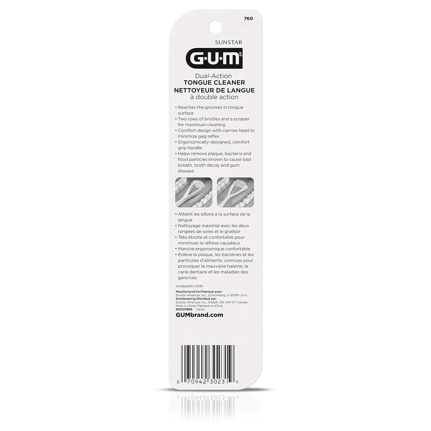 This GUM dual action tongue cleaner brush and scraper effectively removes bacteria, plaque, and debris, promoting fresher breath and optimal oral health.