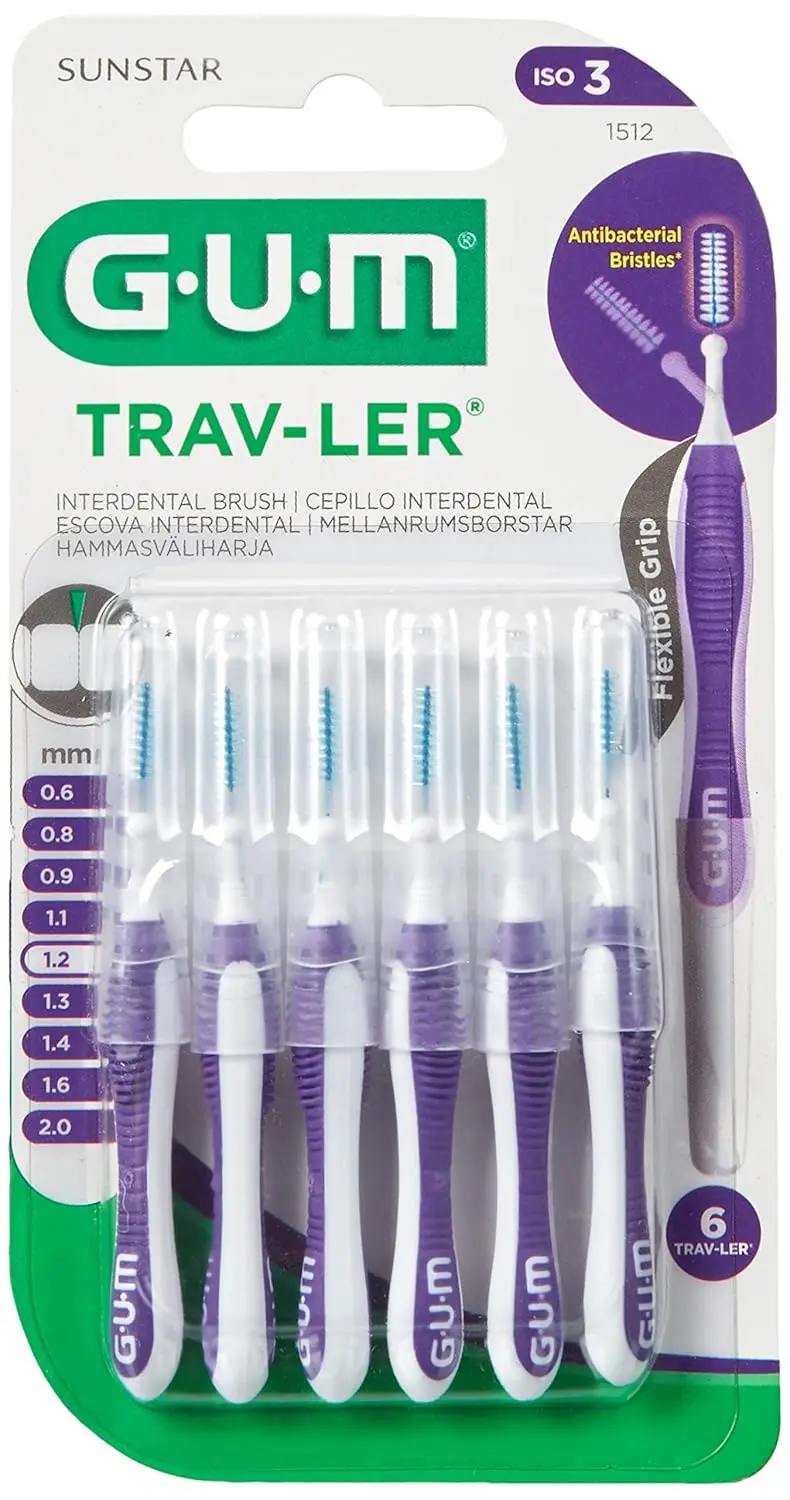 A pack of six purple Gum Trav-Ler interdental brushes designed for effective plaque removal with an ergonomic handle and antibacterial bristles.
