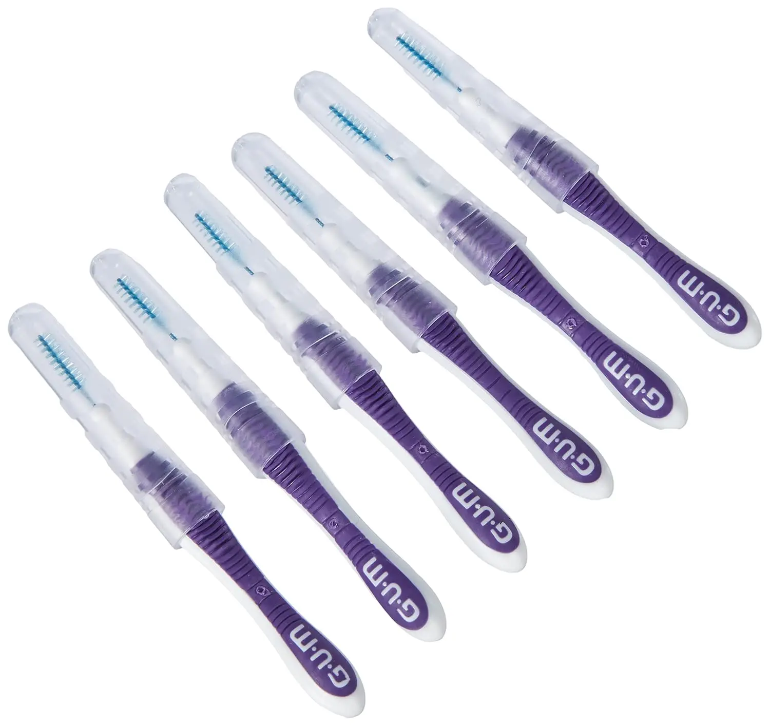 A pack of six purple Gum Trav-Ler interdental brushes designed for effective plaque removal with an ergonomic handle and antibacterial bristles.