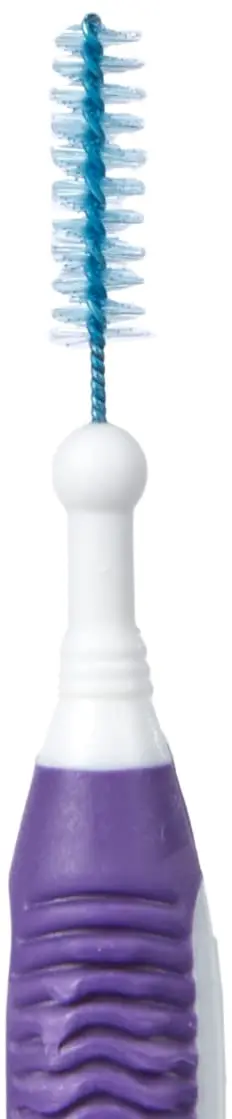 A pack of six purple Gum Trav-Ler interdental brushes designed for effective plaque removal with an ergonomic handle and antibacterial bristles.