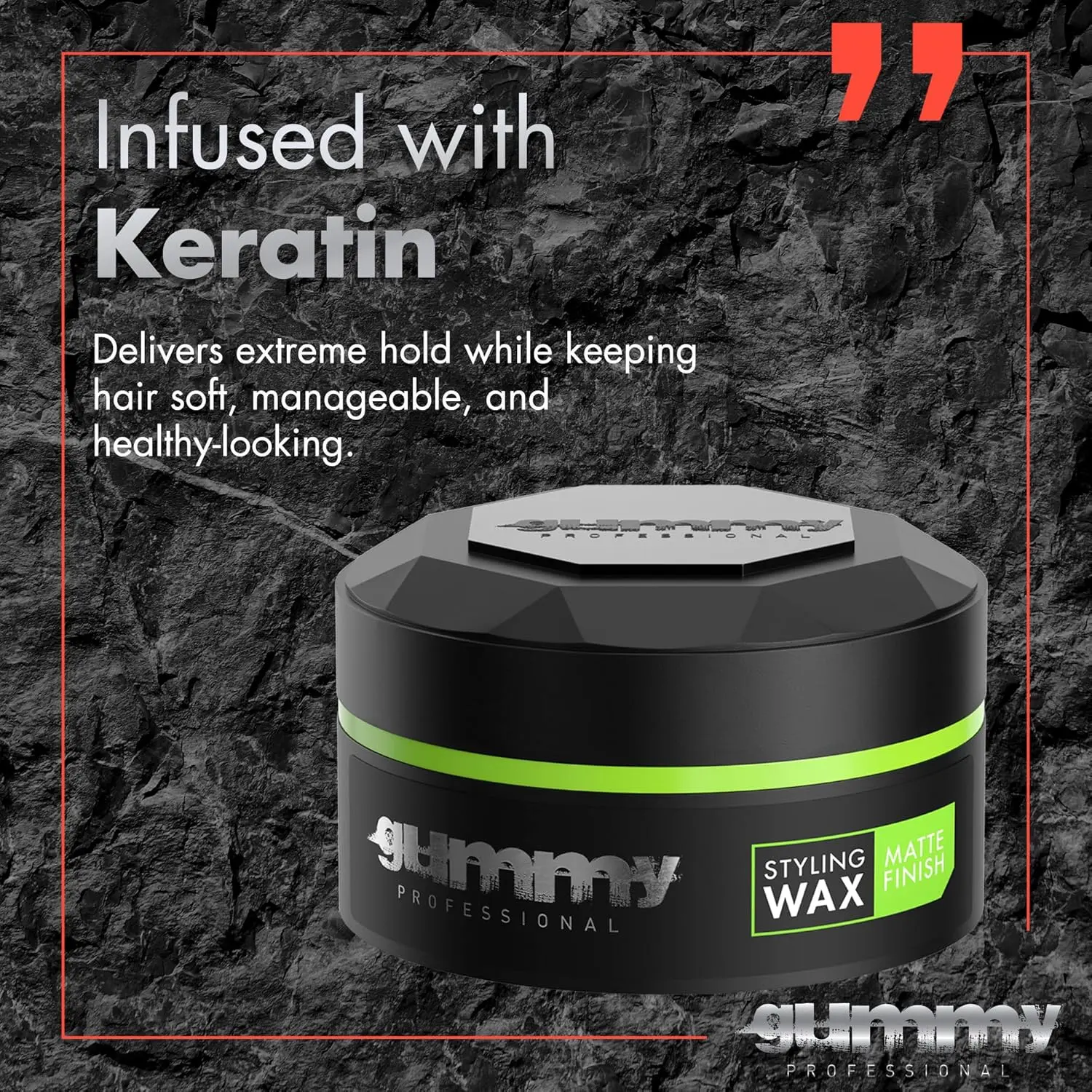 A 150ml jar of Gummy Matte Finish hair styling wax for creating textured hairstyles.