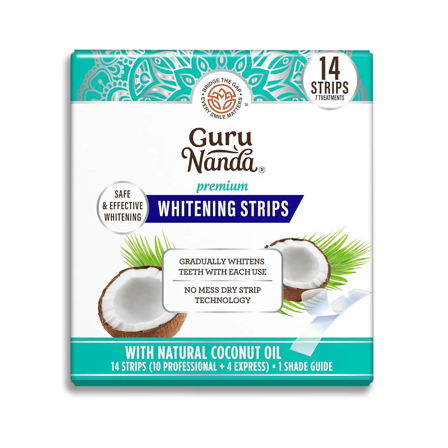 GuruNanda teeth whitening strips made with coconut oil safely whiten teeth and remove stains from coffee, wine, and smoking for a brighter smile.