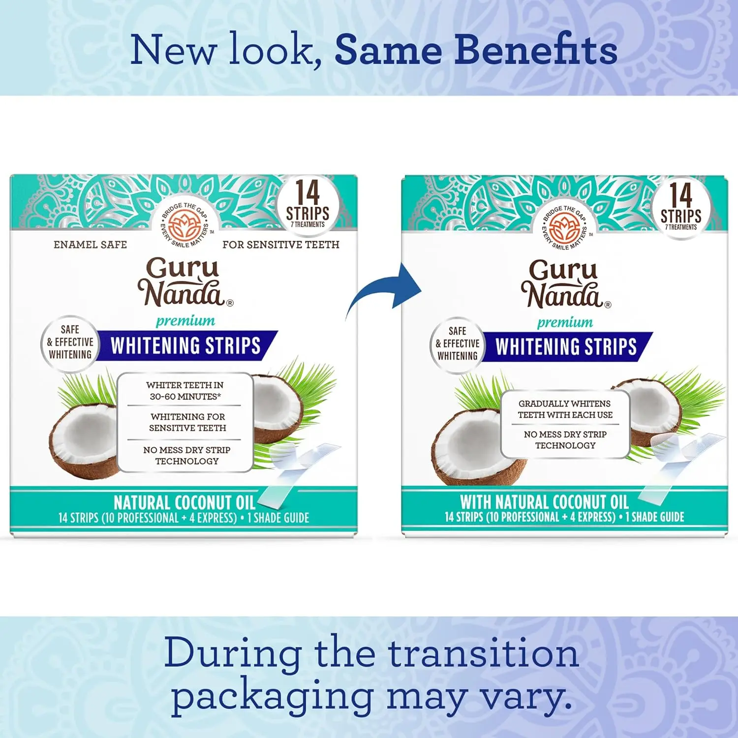 GuruNanda teeth whitening strips made with coconut oil safely whiten teeth and remove stains from coffee, wine, and smoking for a brighter smile.