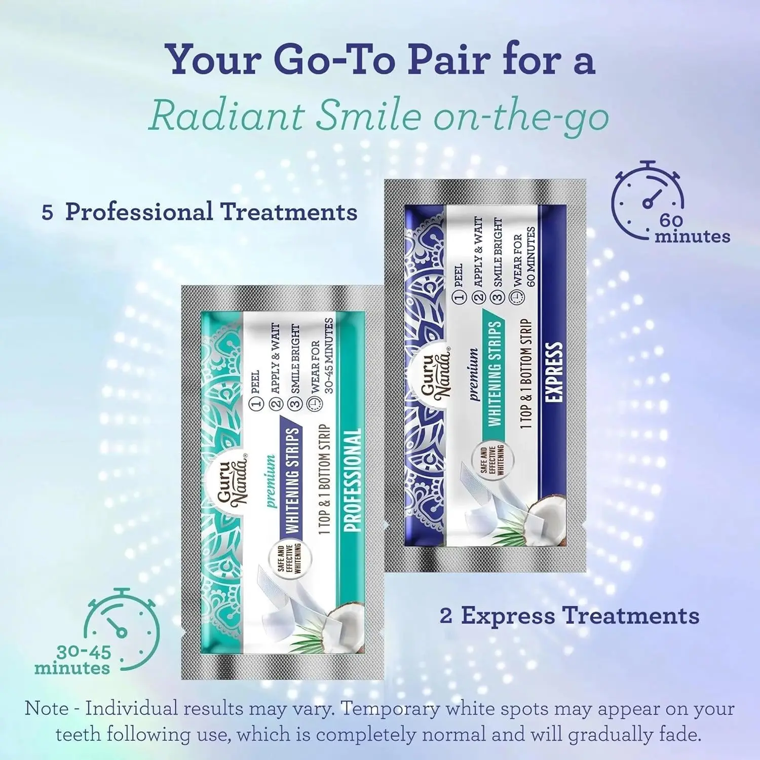 GuruNanda teeth whitening strips made with coconut oil safely whiten teeth and remove stains from coffee, wine, and smoking for a brighter smile.