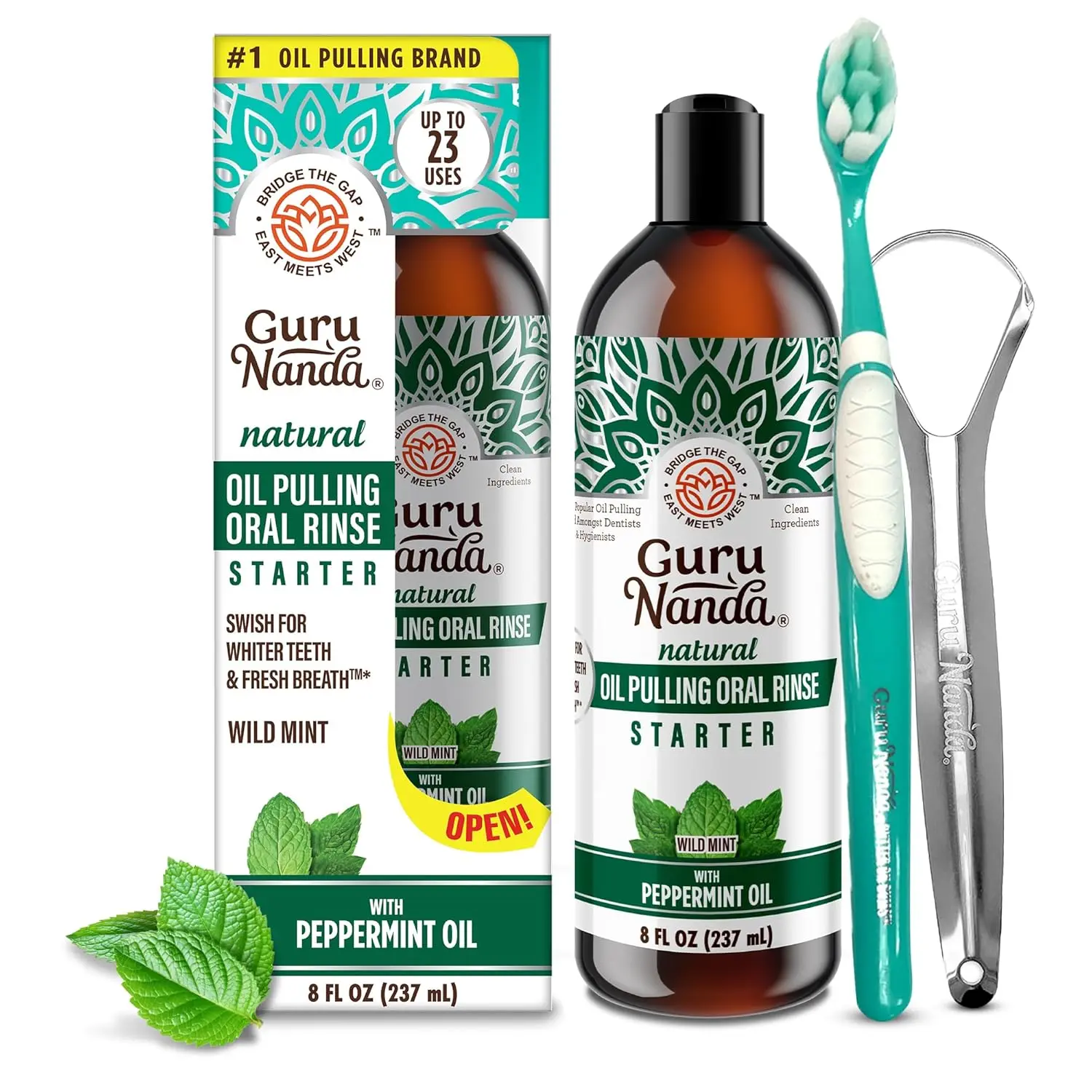 GuruNanda oil pulling mouthwash with coconut and peppermint provides fresh breath and supports healthy gums.