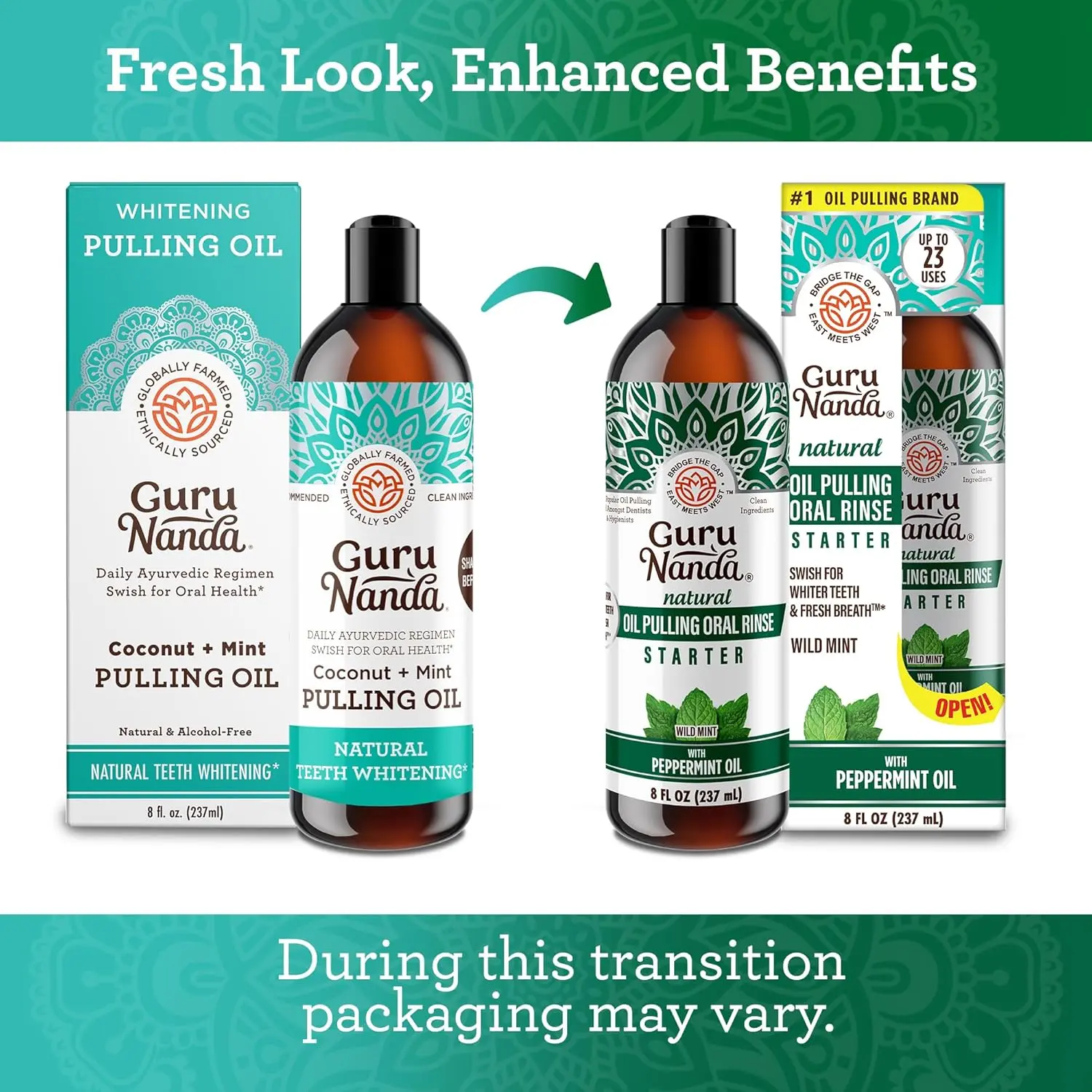 GuruNanda oil pulling mouthwash with coconut and peppermint provides fresh breath and supports healthy gums.